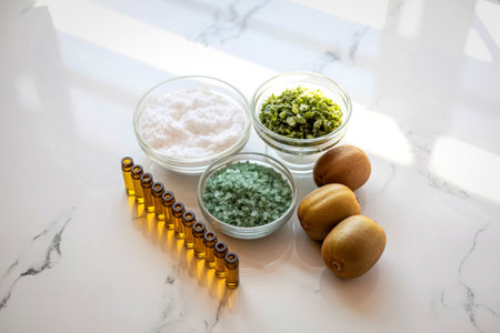 A top-down view of ingredients including kiwi, eggs, and two bowls of what appears to be granola and...