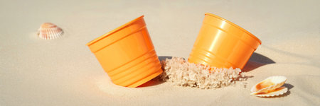 Two orange containers stand upright on a sandy surface, surrounded by small shells.の写真素材