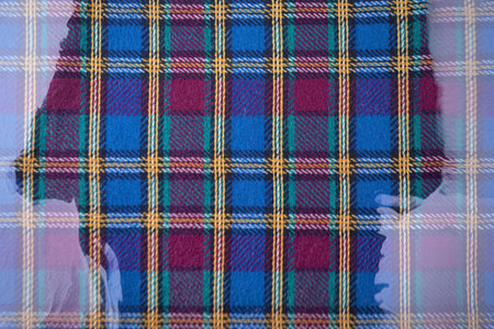 A human silhouette is filled with a colorful plaid fabric featuring blue, red, green, and yellow intersecting lines.の写真素材