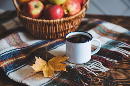 A rustic scene featuring a basket of fresh apples, a warm mug of dark liquid, and a fallen leaf on a...