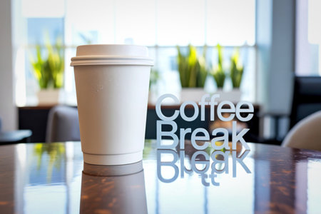 A white paper coffee cup sits on a glossy table next to a metallic "Coffee Break" sign, with blurred plants in the background.の写真素材