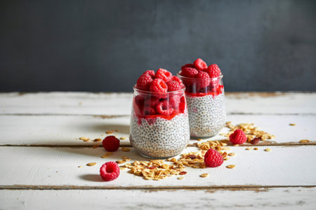 Two glasses of creamy chia seed pudding topped with vibrant raspberries and scattered granola on a rustic wooden surface.の写真素材