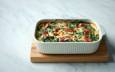 A delicious baked casserole filled with greens and topped with crispy bacon sits on a wooden board against a textured background.の写真素材