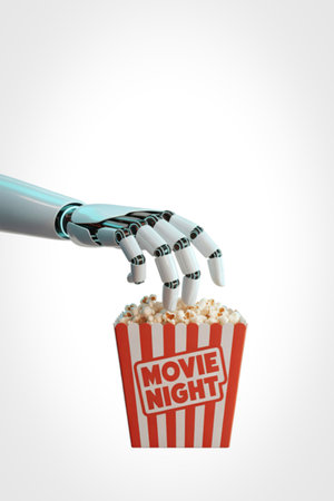 A robotic hand reaches into a classic red and white striped popcorn box labeled "Movie Night" against a stark white background.の写真素材