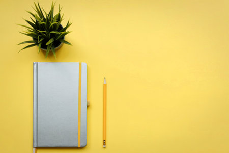 A top-down view of a light gray notebook and a yellow pencil placed on a bright yellow surface next to a small green plant.の写真素材
