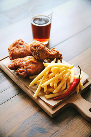 A close-up shot of delicious fried chicken wings and golden french fries served with a refreshing glass of beer on a wooden board.の写真素材