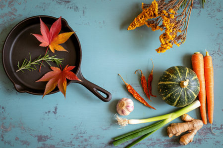 A flat lay of fresh autumn vegetables, herbs, and a cast iron skillet, evoking a sense of seasonal cooking and natural bounty.の写真素材