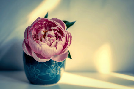 A single, lush pink peony blooms in a dark teal vase, bathed in warm, dappled sunlight creating a serene and elegant still life.の写真素材
