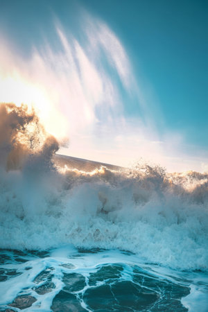 A powerful ocean wave crashes with white foam under a dramatic sky filled with clouds and sunlight during sunset.の写真素材