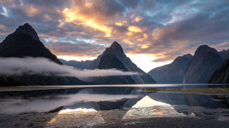 Dramatic mountain peaks emerge from mist, their reflections mirrored perfectly in the still water below during a vibrant sunrise.の写真素材