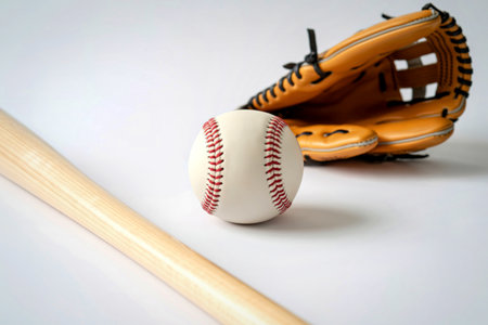 A baseball, glove, and bat are arranged on a white background, symbolizing the sport.