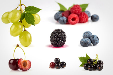 A vibrant collection of various fresh berries including blueberries, raspberries, blackberries, cherries, and grapes, artfully arranged on a clean white surface.の写真素材