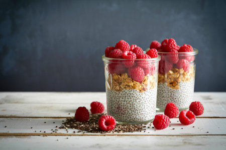 Two tall glasses of layered chia seed pudding, topped with fresh raspberries and granola, sit on a rustic wooden surface.の写真素材