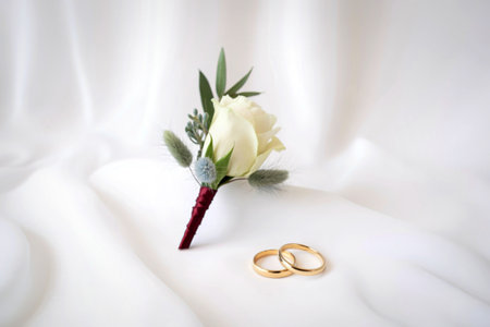 A delicate white rose boutonniere with greenery and burgundy ribbon rests beside two intertwined...