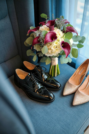 A groom's black dress shoes and a bride's light-colored heels sit beside a beautiful wedding bouquet on a blue surface.の写真素材