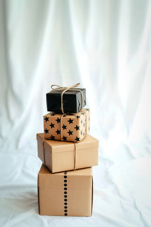 A vertical stack of four beautifully wrapped gifts, each with unique paper and tied with ribbon, sits against a soft white draped fabric.の写真素材
