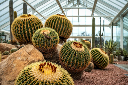 A collection of large, round golden barrel cacti are displayed in a bright, airy greenhouse with rocky terrain and other desert plants.の写真素材