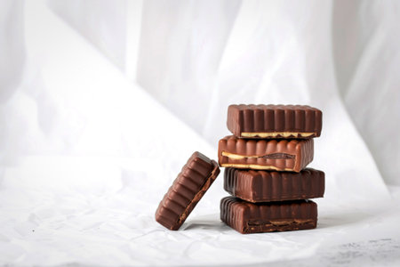 A stack of rectangular chocolate-covered biscuits with a creamy filling, with one biscuit leaning...