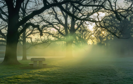 A serene forest clearing bathed in soft morning light, with mist swirling around bare trees and a solitary stone bench.の写真素材