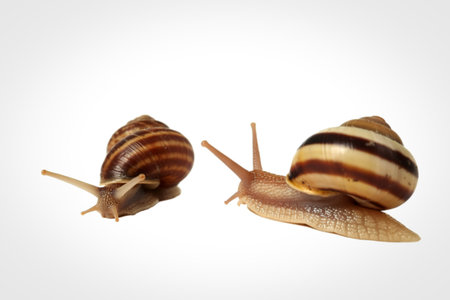 Two terrestrial snails are shown against a stark white background, highlighting their textured shells and delicate antennae.の写真素材