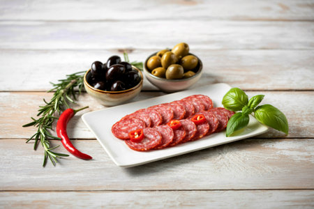A close-up shot of sliced sausage on a white plate, accompanied by bowls of black and green olives, a red chili pepper, and fresh herbs.の写真素材