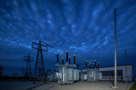 A power substation with tall transmission towers and electrical equipment is illuminated at night under a vast, cloudy, deep blue sky.の写真素材