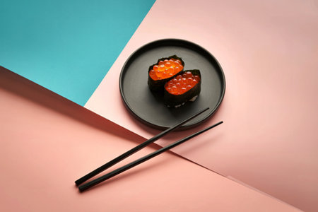 A minimalist overhead shot of two gunkan maki sushi pieces topped with bright orange roe, presented...