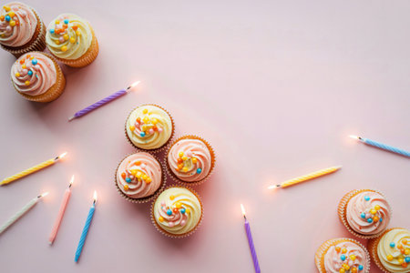 A collection of decorated cupcakes with lit candles scattered on a soft pink surface, creating a celebratory atmosphere.の写真素材