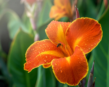 A close-up of a bright orange Canna Lily flower, glistening with water droplets, bathed in soft sunlight.の写真素材