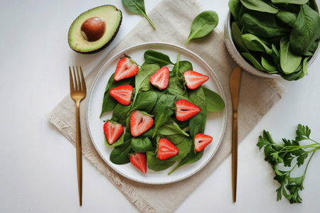 A vibrant and healthy salad featuring fresh spinach, sliced strawberries, and avocado, served with...
