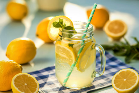 A cool glass of lemonade with lemon slices and mint, surrounded by fresh lemons on a checkered...