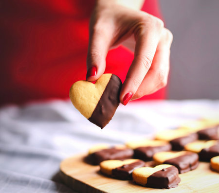 A person's hand holds a heart-shaped cookie, half dipped in dark chocolate, over a platter of similar cookies.の写真素材