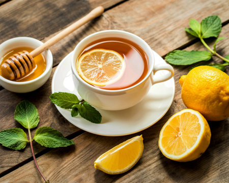 A comforting cup of hot honey lemon tea with fresh mint leaves and sliced lemons on a rustic wooden surface.の写真素材