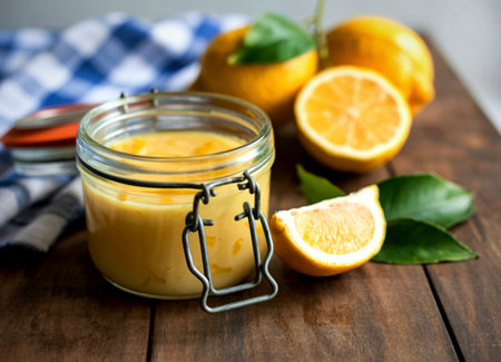 A glass jar filled with bright yellow lemon curd sits on a wooden surface surrounded by fresh lemons and green leaves, with a checkered cloth in the background.の写真素材