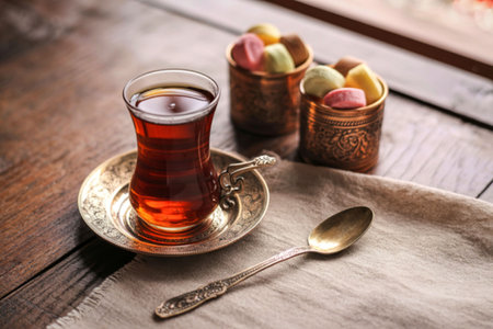 A traditional Turkish tea glass sits on a saucer next to a spoon and two small containers filled with pastel-colored candies.の素材