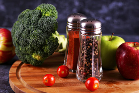 A wooden cutting board displays an assortment of fresh vegetables including broccoli, apples, and...