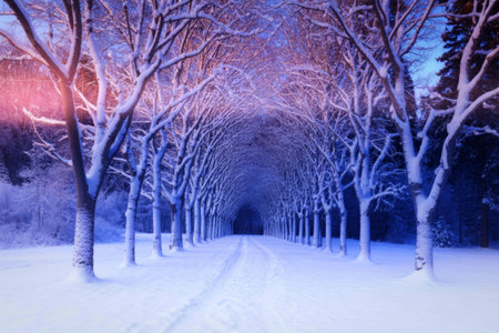 A serene winter scene featuring a pathway lined with snow-covered trees. The trees are heavily laden...