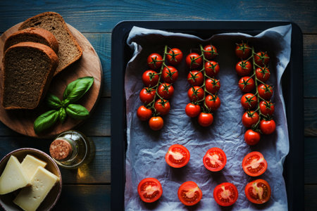 A wooden tray holds an assortment of fresh tomatoes, both on the vine and halved, alongside slices...