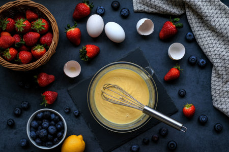 A bowl of pancake batter sits on a dark countertop surrounded by fresh strawberries, blueberries,...