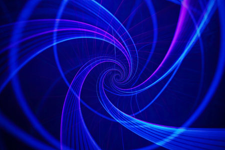A vibrant abstract image featuring a swirling pattern of neon lights in shades of blue and purple...