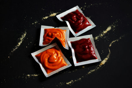 Four individual sauce packets containing different types of sauces, placed on a dark background with...