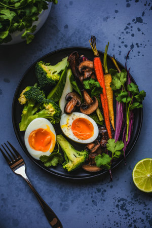 A colorful plate of roasted vegetables including broccoli, carrots, mushrooms, and asparagus,...