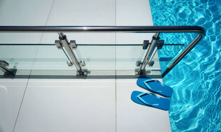 A serene poolside scene featuring a pair of blue flip flops resting near a glass railing with...
