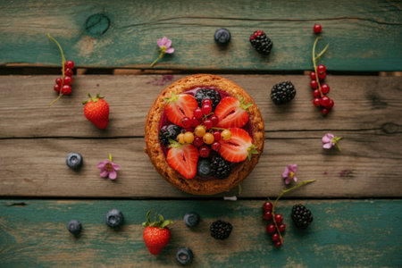 A beautifully arranged fresh fruit tart sits on a rustic wooden table, surrounded by an assortment...