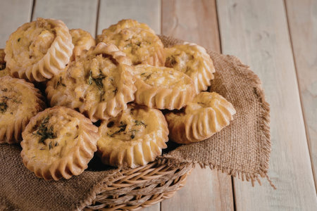 A wicker basket filled with golden-brown savory pastries, placed on a burlap cloth and a wooden...