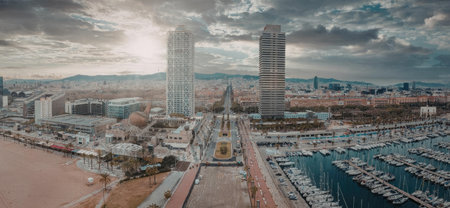 An image of a city skyline featuring a marina with numerous boats docked, surrounded by tall...