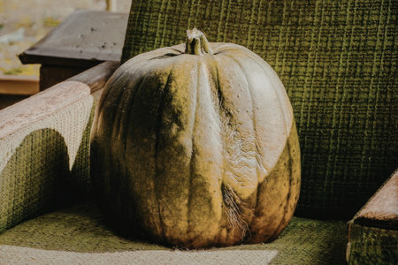 A large, green pumpkin with brown spots sits on a green chair, showcasing its unique shape and...