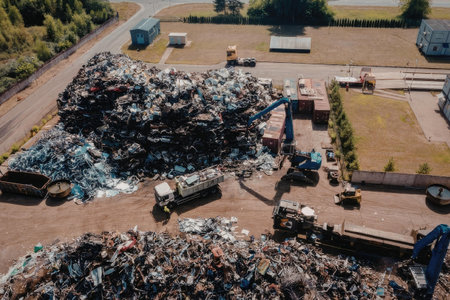 An aerial view of a large pile of scrap metal in a junkyard with various vehicles and buildings in...
