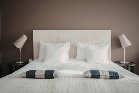 A neatly made hotel bed with white bedding, two nightstands, and lamps on either side, set against a...