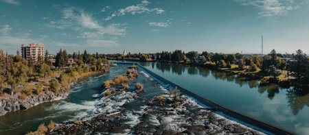 A river flowing through a city with trees and buildings on the side, with a clear blue sky and white...